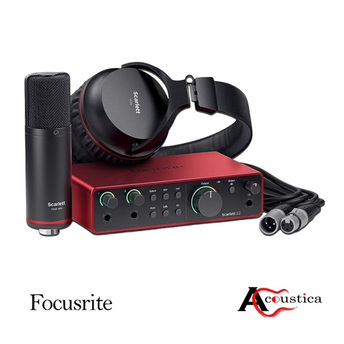 focusrite 2i2 bundle 4th gen Focusrite Scarlett 2i2 Studio 4th Gen Bundle includes interface, CM25 MkIII mic, HP60 MkIII headphones, cables, and Ableton Live Lite for professional recordings.